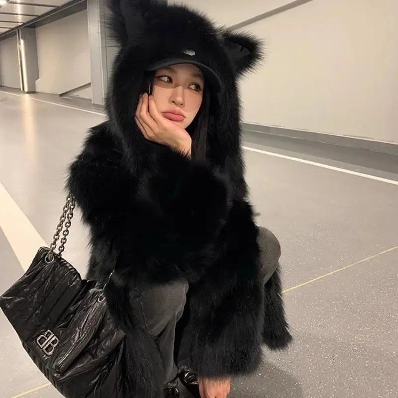 

Autumn Winter Fluffy Fur Coat Women Eco-Friendly Youthful Fur Jacket Hood Ears Cute Fur Trim Thicken Mid-Length Coat Warm