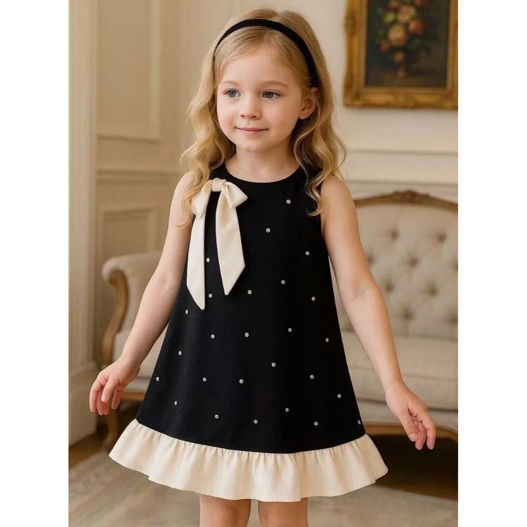 Korean Version Fashion Black Hepburn Style Round Neck Sleeveless Polka Dot Bow Princess Dress for Girls' Birthday Parties