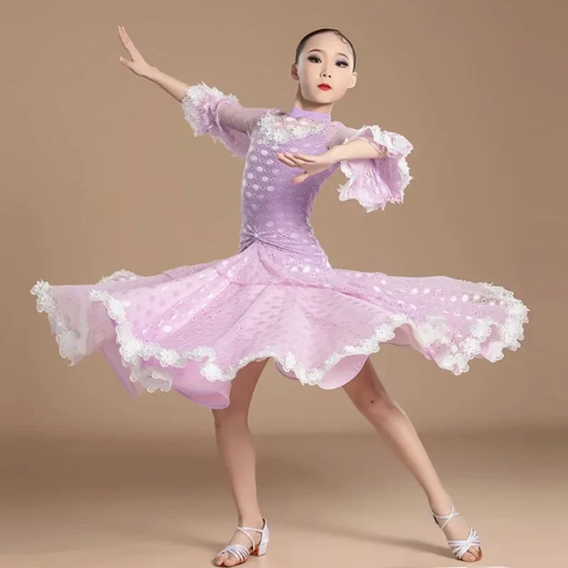 Paars Kant Wals Tango Ballroom Jurk Kinderen Meisjes Professionele Prinses Grote Visgraat Rokken Moderne Dansen Danskleding Kostuums