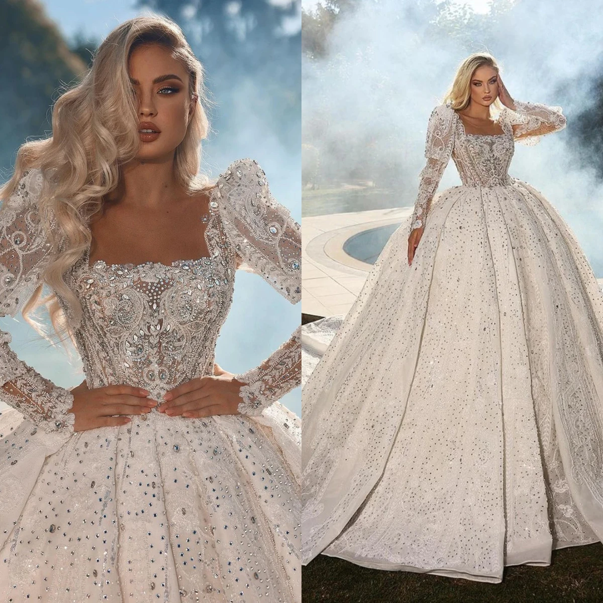 

Luxurious A-Line Lace Crystal Pearl Wedding Dress Sexy Square Neck Long Sleeved Ballroom Bride Dress Vestido De Novia Customized