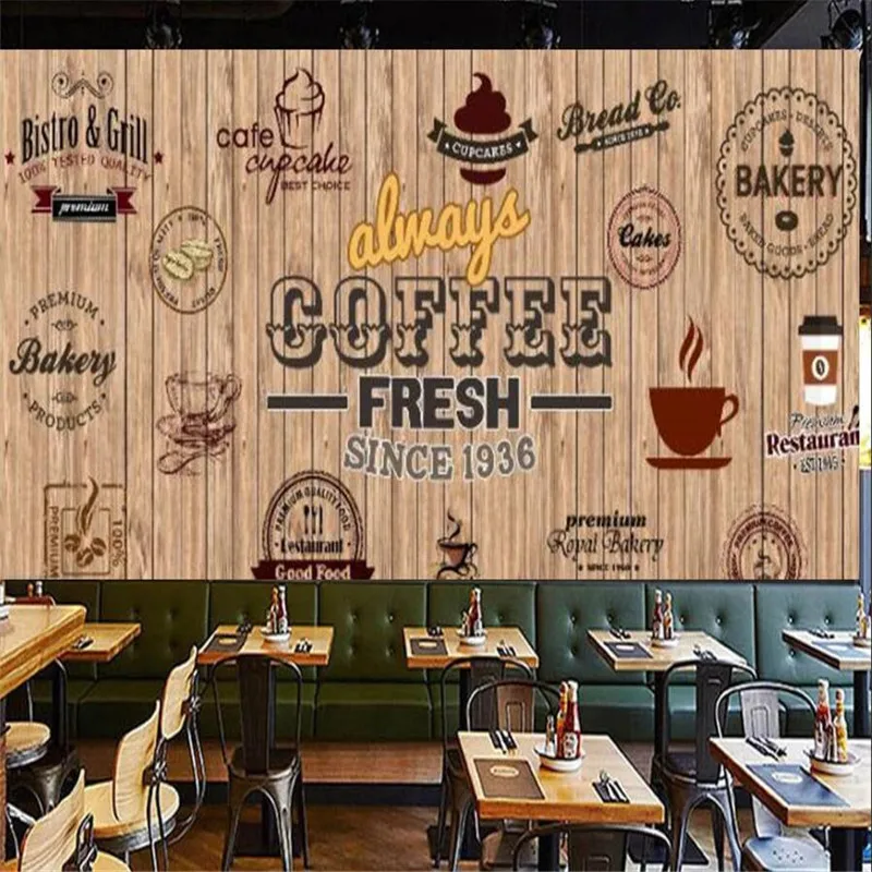 

Custom retro wooden board cafe theme industrial decor wallpapers coffee bar cake shop mural wallpaper papel de parede 3D