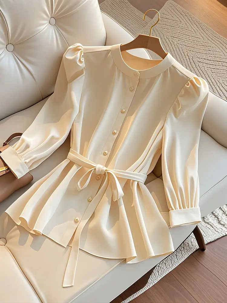 

Elegant Sweet Slim Waist Lace Up Blouses 2025 Early Autumn New Long Sleeve Tops Mujer Y2k O-neck Single Breasted Shirt Women