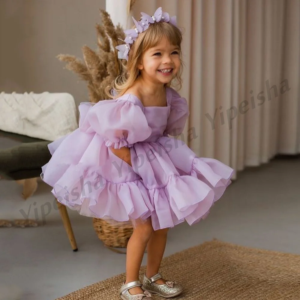 Bonito bebê menina organza flor vestido personalizado princesa vestido de festa mangas curtas vestidos de comunhão de aniversário para o natal