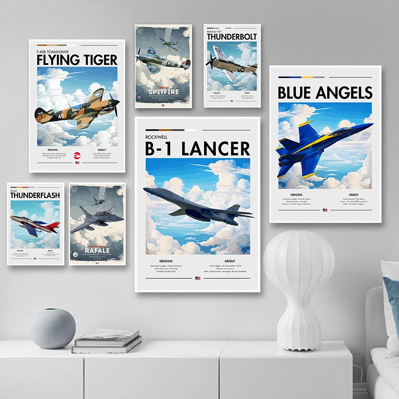 Vintage Multirole Fighter Aviation Posters Spitfire White Clouds Plane Prints Canvas Painting Wall Art Pictures Home Room Decor