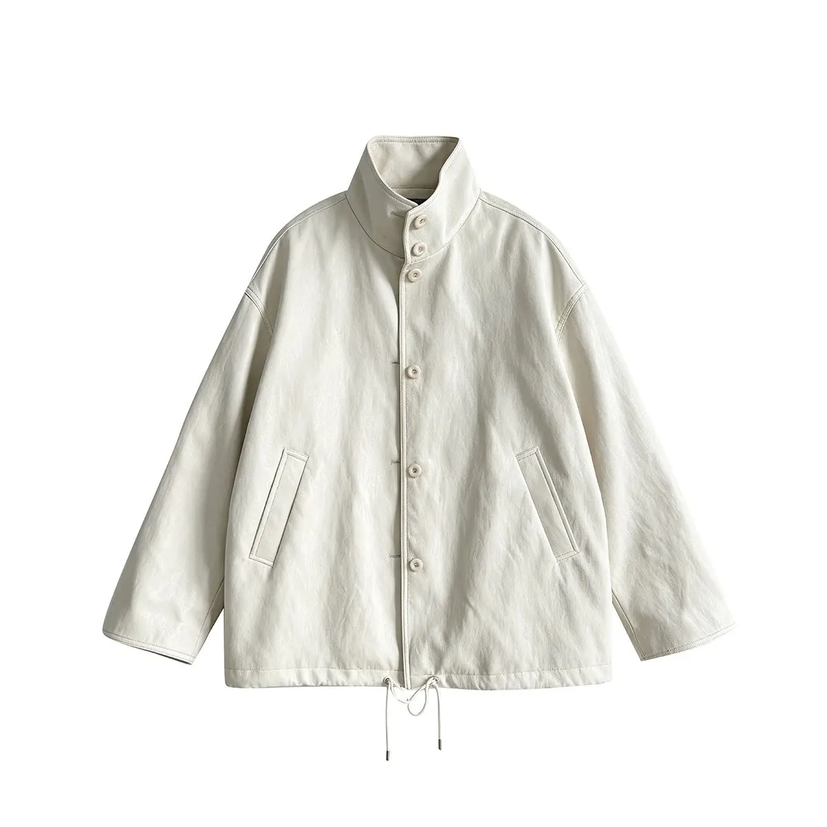SuperAen Stand-up Collar PU Leather Drawstring Waist Mid-length Coats Women Oversize Autumn New Loose Style Coats