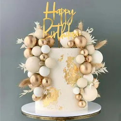Khaki Balls Cake Topper Boho Grass Cake topper Khaki White Gold Pearl Balls Happy Birthday Cake Decorations for Wedding Party