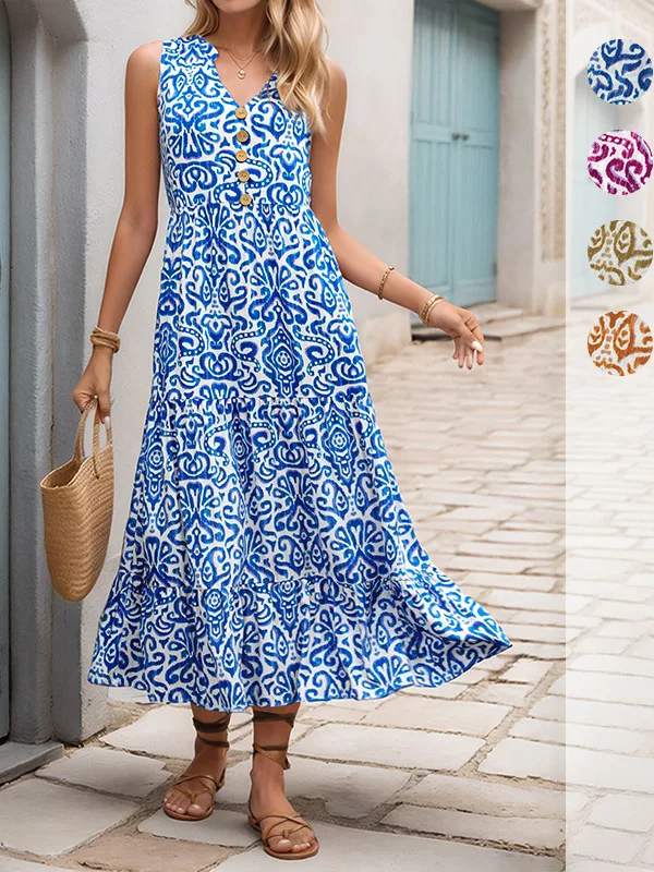 

Ladies Abstract Patterned V-ne Dr Svel Printed Mid-waist A-line Skirt Ele Sle Casual Scene Single-button Clo...