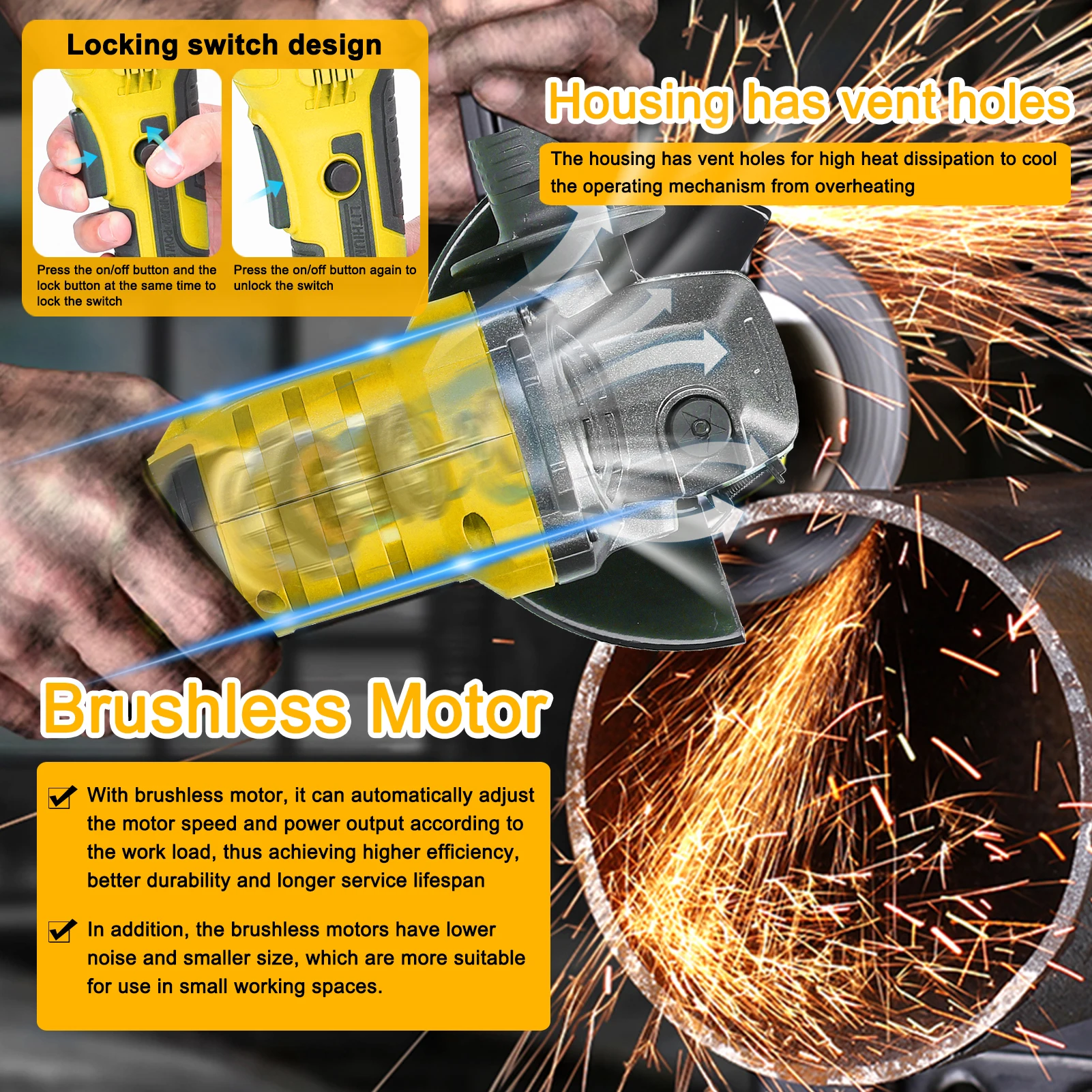 21V 125mm M14 Angle Grinder Brushless Motor Electric Grinding Tool Multifunctional Lithium Cutting Machine Utility Power Tools