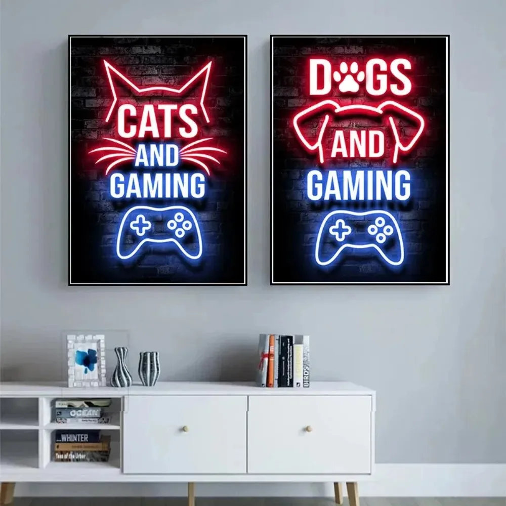 Neon Gamepad Game Zone Poster Aesthetic Cat Dog Canvas Painting Wall Art Home Gamer Office Decor Retro Gaming Room Decoration