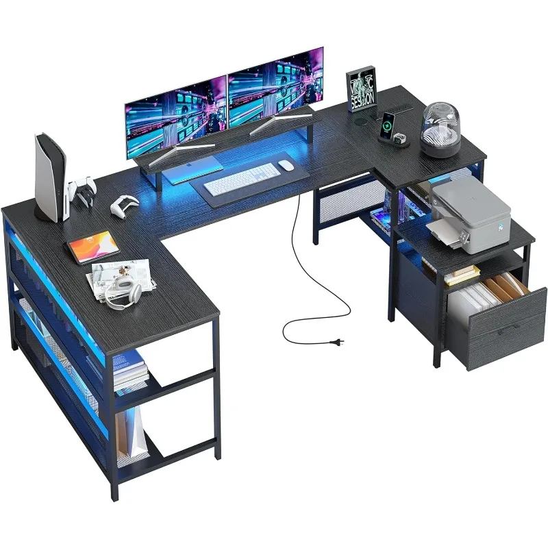 引き出し,コンピューターデスク,電源コンセント,オフィスデスクを備えたU字型ゲーミングデスク,82.6インチ