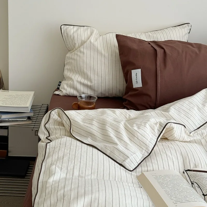 Nordic Style Cotton Piping Four-piece Set, High-grade Washed Cotton Flat/Fitted Bed Sheets Quilt Covers Pillowcases Bedding Sets