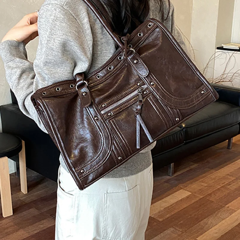 Retro Rivet Motorcycle Tote Bag Pu Leather Large Capacity Shoulder Handbag Multi Pocket Commuter Daily Crossbody Purse For Women