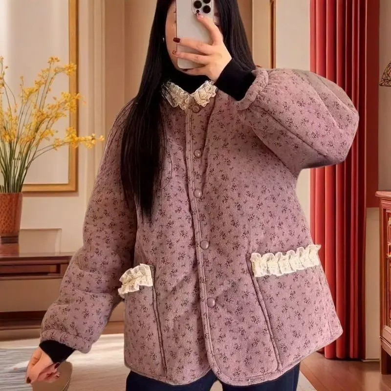 Winter Cold-resistant Fleece Lined Coat Warm Parkas Women Cotton Jacket Single-breasted Long-sleeved Top Print Vintage Outerwear