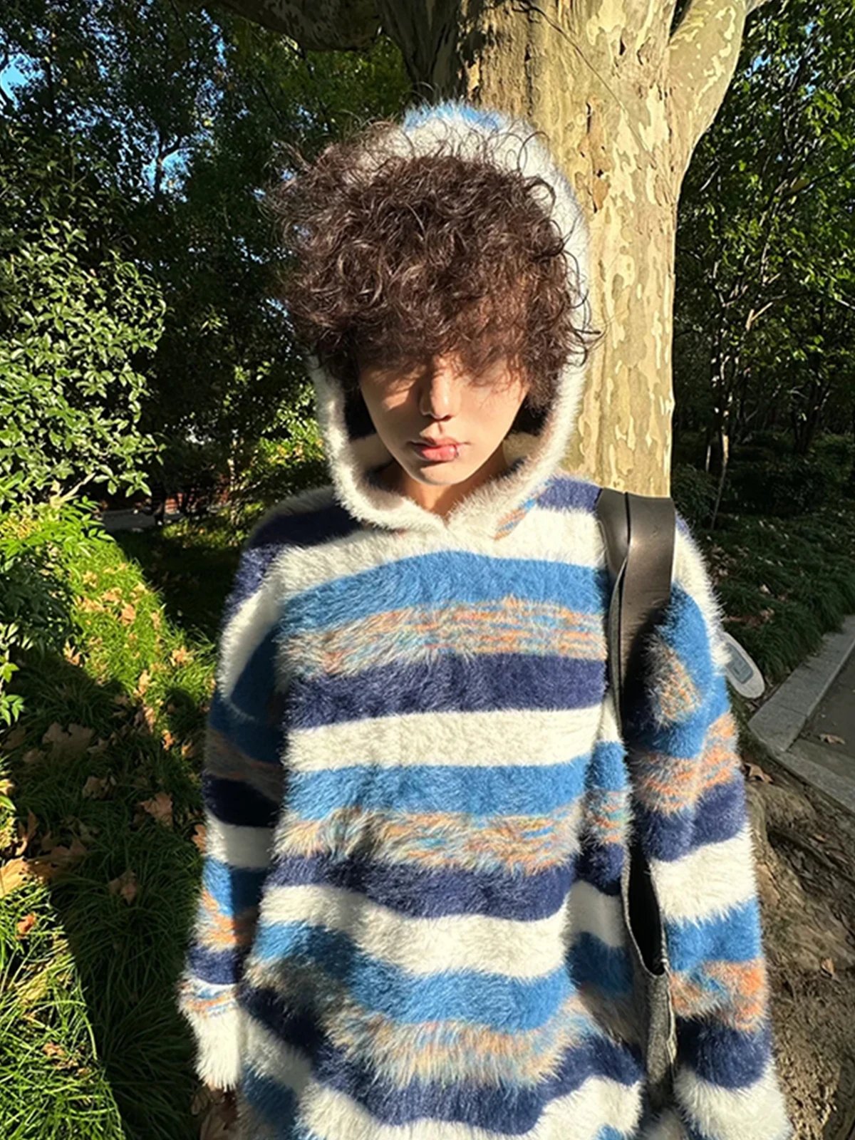 Autumn Winter American Retro Style Men's Blue and White Striped Hooded Sweater Red and White Color Block Casual Knitwear