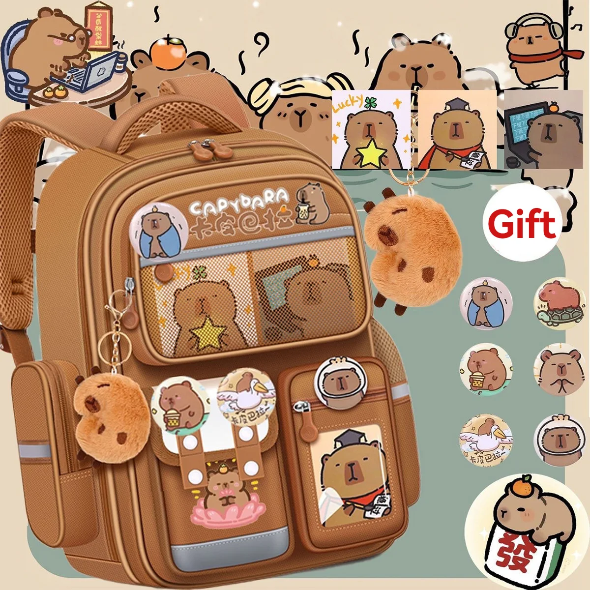 Waterproof Capybara Backpack Large Capacity Anti-Scoliosis Lightweight School Bag for Students with Ergonomic Spine Protection