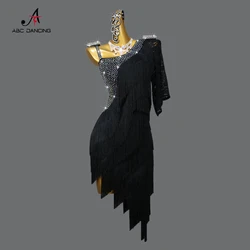 New Black Latin Dress Party Performance Dance Women Ballroom Evening Clothes American Practice Wear Long Fringe Skirt Customized