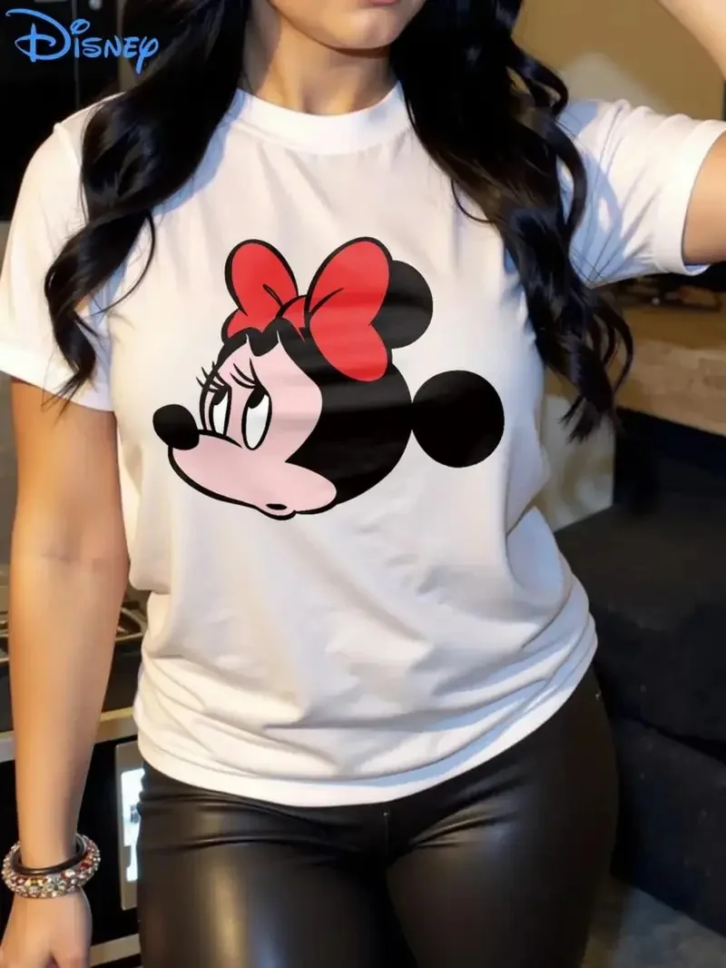 

2025 Disney Pattern Printed Women's Casual Comfortable Unique Smiling Face Black Round Neck Short Sleeve T-shirt