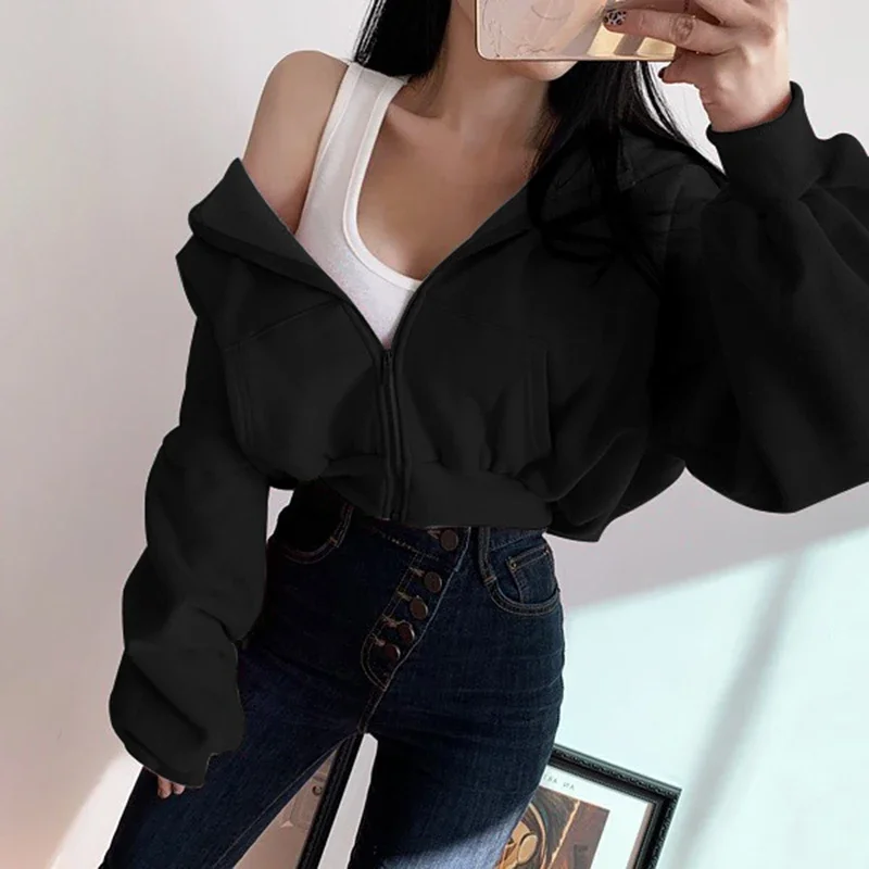 Zipper Up Hoodies Women Aesthetic Pockets Solid Sweatshirts Long Sleeve Crop Top Baggy Hooded Hoodie Sweat Shirts Loose clothes