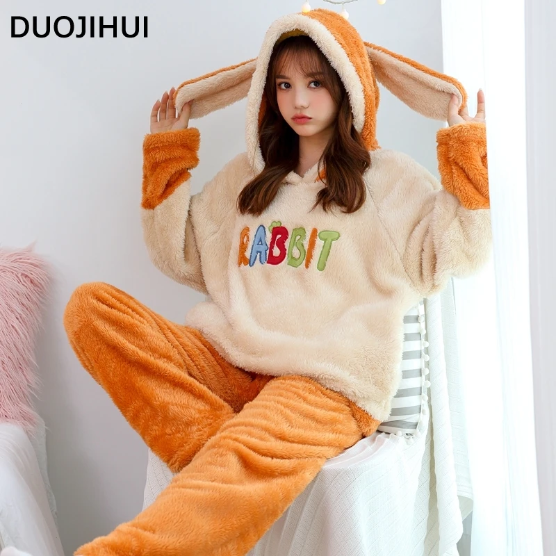 Duojihui-Conjunto de pijama grosso com capuz feminino, quente, macio, coreano, adorável, estampado, solto, casual, moda feminina, inverno, 2 cores