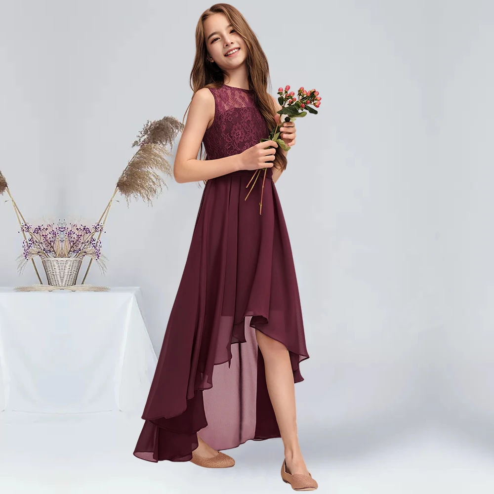 A-lijn Scoop Asymmetrisch Chiffon Kant Junior Bruidsmeisjesjurk Cabernet Bloemenmeisjesjurk Zomer Bruidsmeisjes Jurken voor kleine meisjes