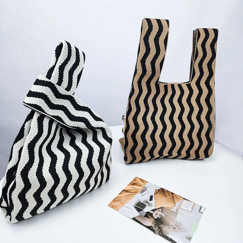 Wavy Striped Handmade Knit Handbag Women Mini Knot Wrist Bag Japanese Wide Stripe Plaid Tote Student Reusable Shopping Lunch Bag