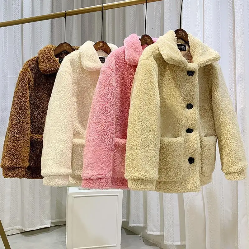 

Women Faux Shearling Fur Coats Short Jackets Solid Pocket Turn Down Collar Long Sleeve Single Breasted Thick Casual 2025 Winter