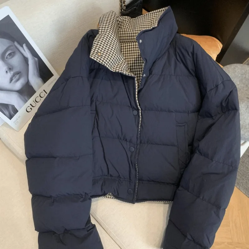 Navy Blue Plaid Short Tops Women's Autumn Winter New Fashion Stand Collar Coat Long Sleeves Spliced Single Breasted Women Jacket