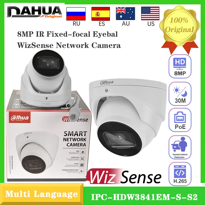 

Original Dahua 4K 8MP Camera IPC-HDW3841EM-S-S2 IR PoE Build-in LED Mic SD Card Slot Surveillance Starlight max IR distance 30 m