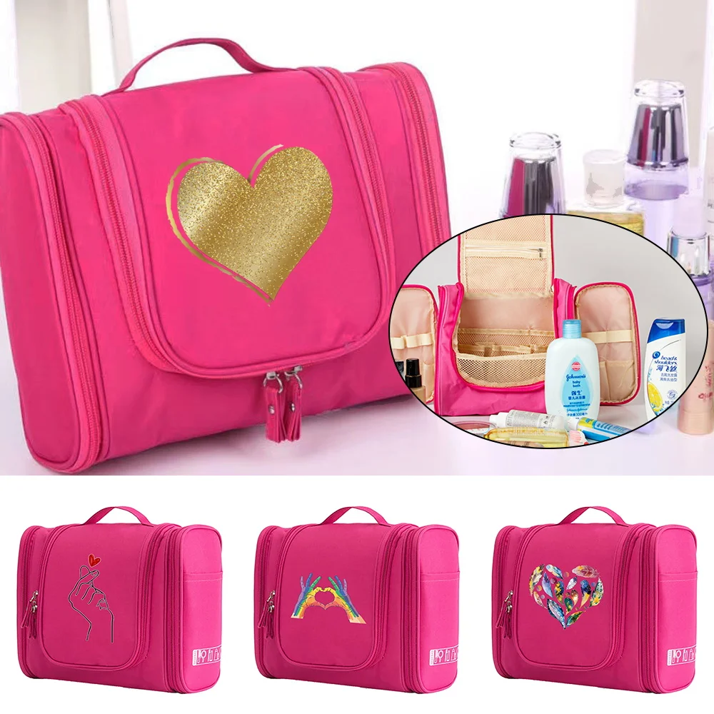 

Hand Bag Make Up Case MakeUp Bag Cosmetic Bags Zipper Waterproof Wash Pouch Women Hook Up Travel Toiletry Organizer Love Print