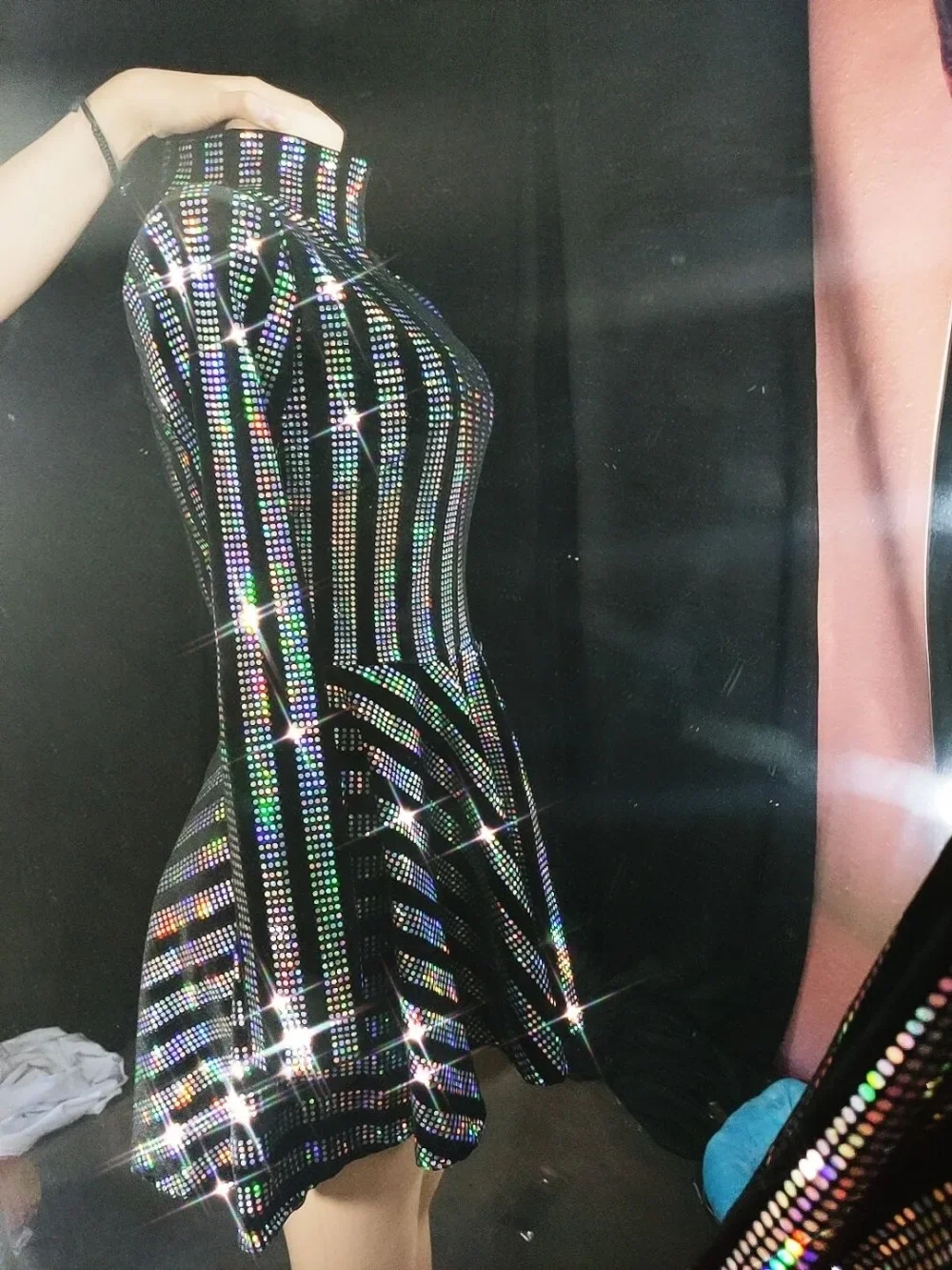 Paillettes a righe da palcoscenico Abito corto in velluto nero Donna Cantante Ballerino Bar Concerto Abiti da spettacolo Spettacolo di feste Costume da ballo Gogo