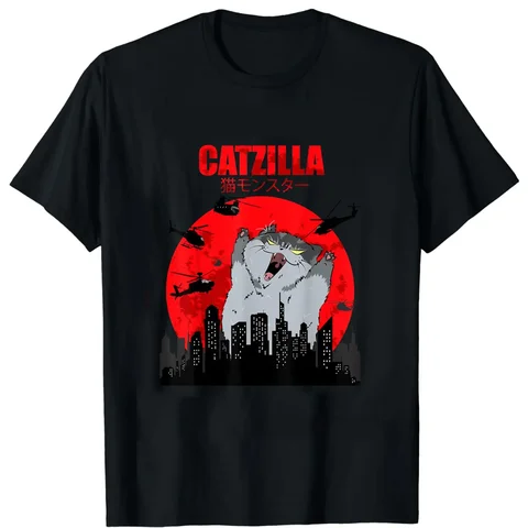 Funny Cute Art Japanese Cat Graphic for Cat Lover Catzilla T-Shirt Graphic T Shirts Women's Clothing Fashion