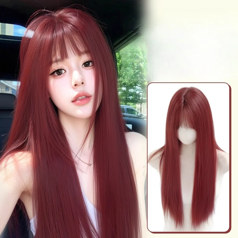 

Full-head synthetic wig for women, raspberry red, air bangs, long straight hair, whitening effect, sweet and cool spicy girl