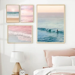Blush Pink Beach Sunset Photography Posters and Prints Pastel Clouds Ocean Canvas Painting Wall Art Picture Bedroom Home Decor
