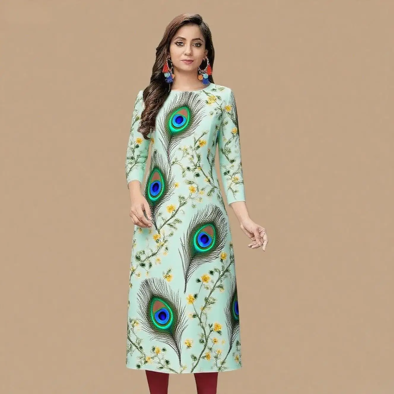 Kurt women's casual fashion dress long sleeved straight tube casual ethnic peacock round neck regular size design sense 2026.