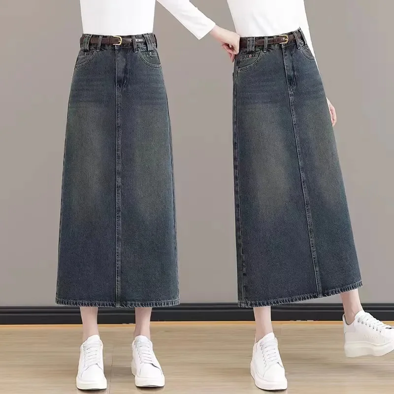 Women Denim Skirts Spring Autumn High-waisted H-line Jeans Skirt Ladies Korean Loose Split Length Knee Length One-step Skirt