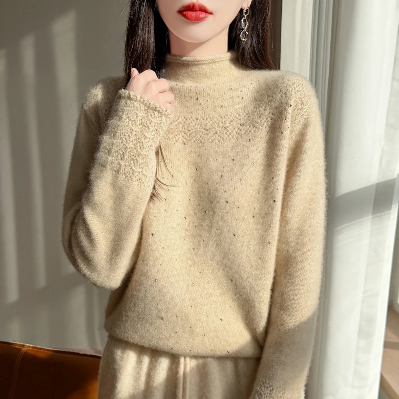 

Женский шерстяной свитер с заклепками и бриллиантами, полувысокий воротник, полый крючок, цветок, толстый топ, свободный пуловер, вязаный свитер с длинными рукавами