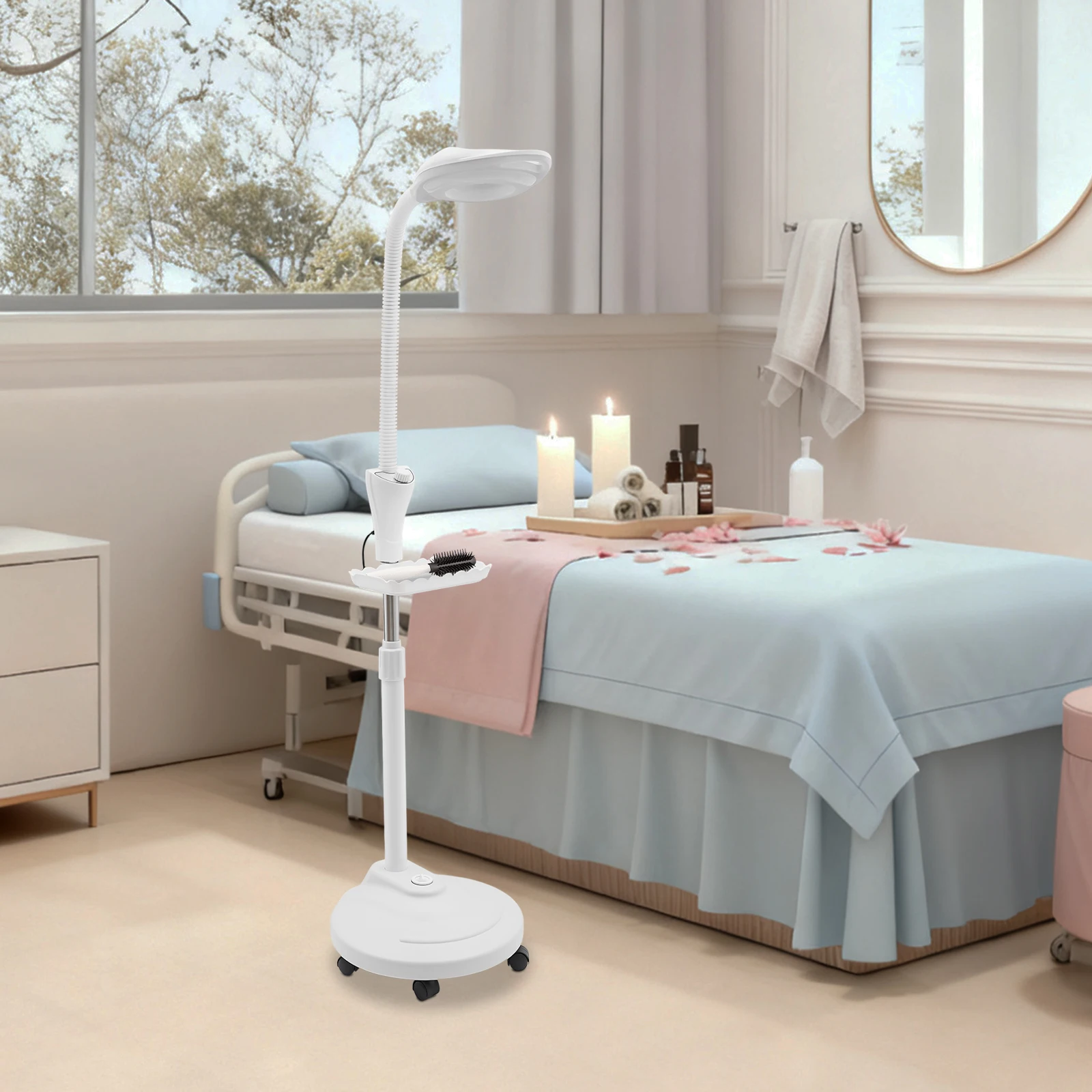 58W 16X Magnifying Lamp 23-67in Adjustable Height, 360° Rotating Base, Dimmable LED Light with Storage Tray for Beauty Salon