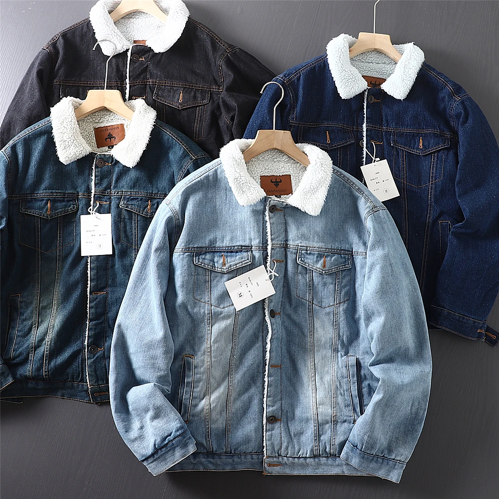 

Thiened Fce Lined Men's Denim Jaet Warm Casual Sle Stand Collar Zipper Closure Long Sve Stand Fit Autumn Winte...