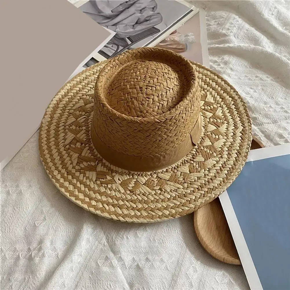 

Ethnic Straw Sun Hat Geometric Sun Protection Hat Wide Brim Beach Hat for Women Holiday Picnic Camping