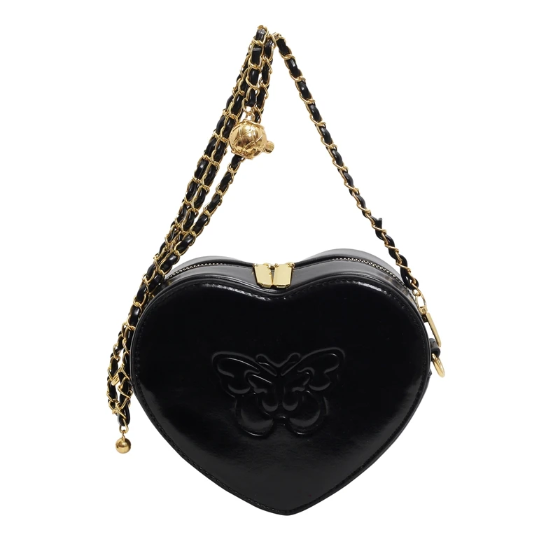 Bow Pu Chain Zipper Shoulder Bags Large Capacity Solid Sewing Thread Heart-shaped Crossbody Bags for Women 2024 Retro Portable