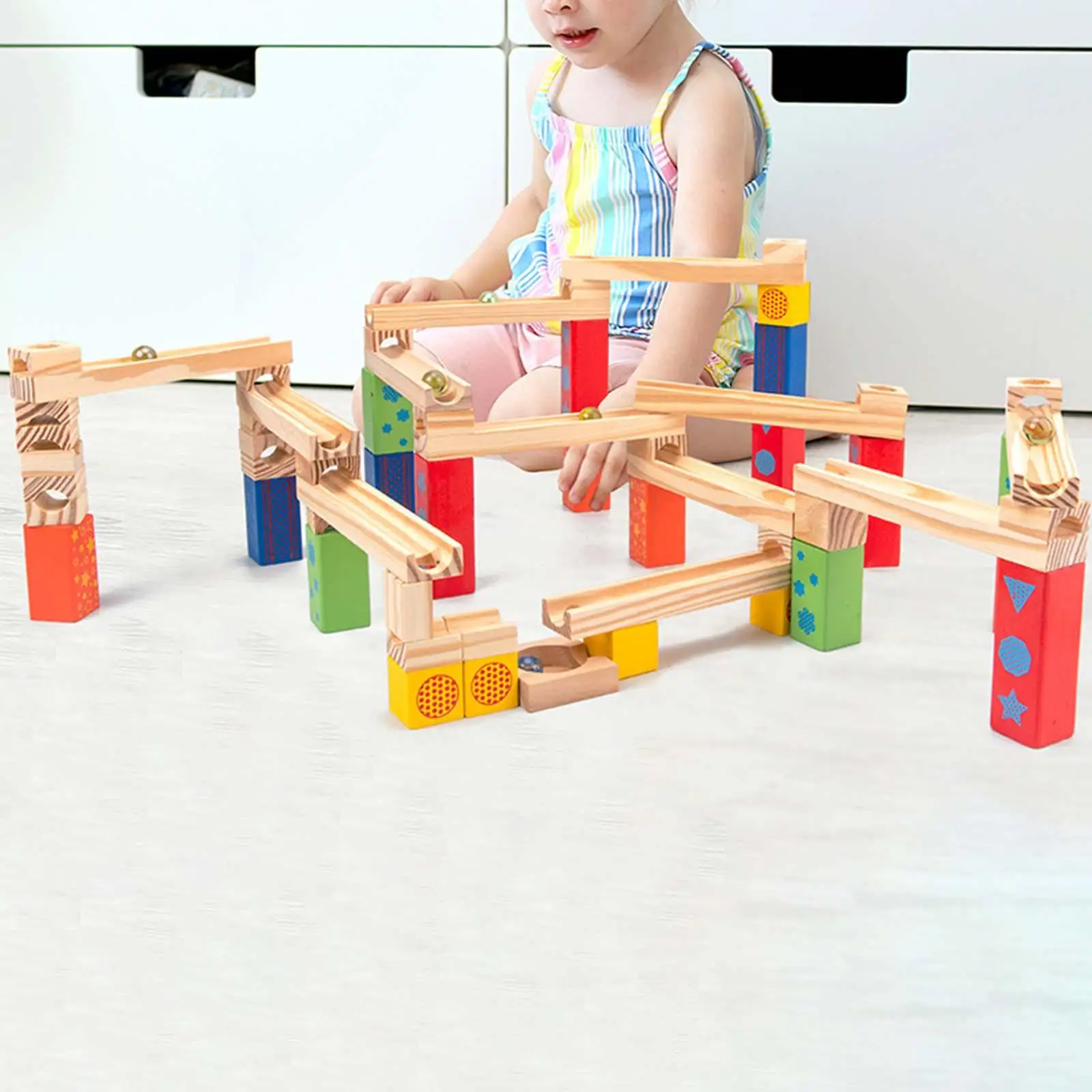 Colorful Marble Track Maze Game Construction Playset Wooden Ball Track Blocks for Early Learning Gift Kids Children Boys Girls