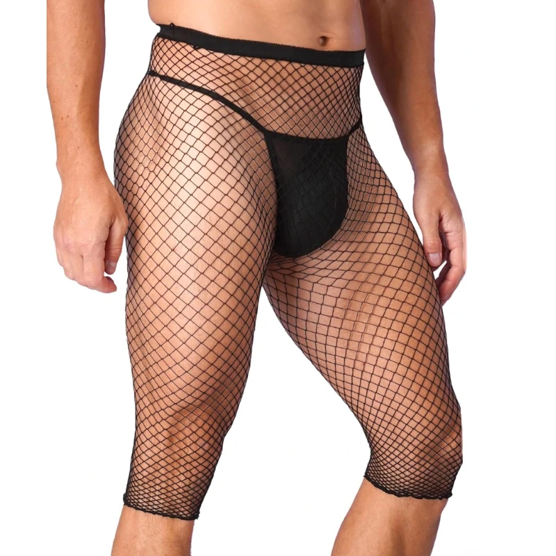 Men Fishnet See Through High Waist Shorts High Stretch Half Pants Underwear Male Sport Cycling Mid Mesh Short Tights