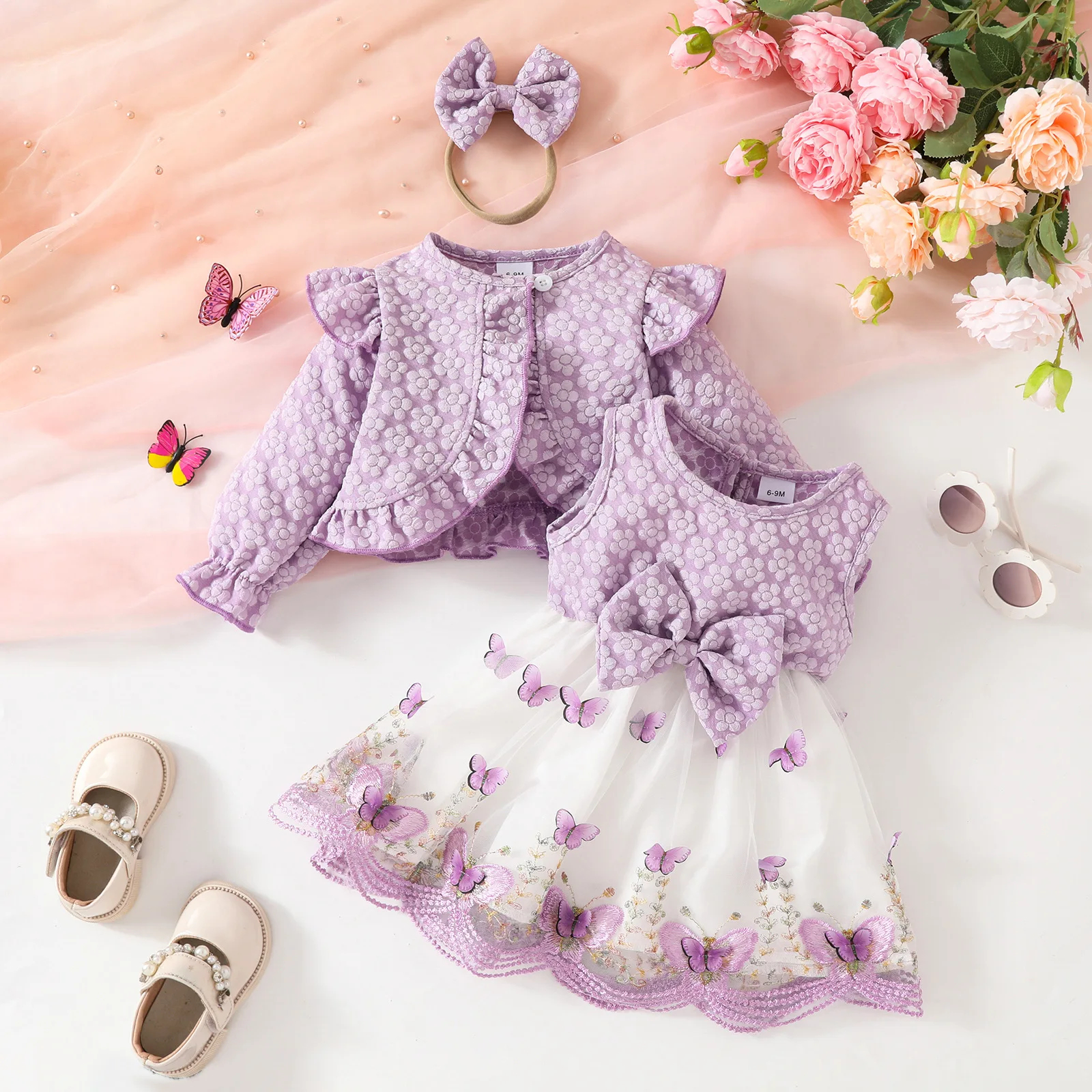 0-3Y Baby Girl Dress Set Long Sleeved RuffledCoat Sleeveless Butterfly Shaped Lace Mesh Dress Infant Fahion Spring Autumn Outfit