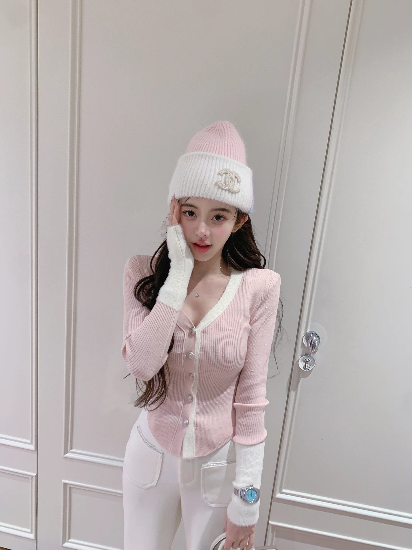 

AkiQiu Autumn Cry Sweet Cheese Color Colion V-ne Woolen Knitted Sweater Long Sve Inner Wear for Women