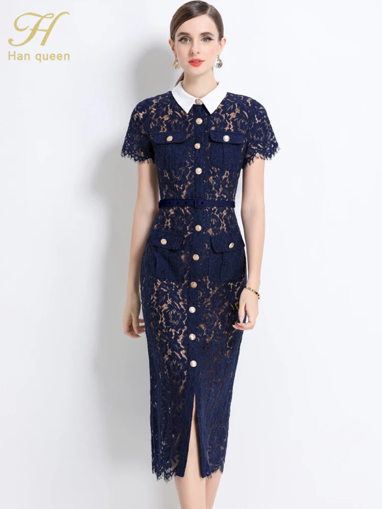 

H Han Queen New Summer French Single Breasted Lace Dresses Ladies Short Sleeve Hollow Out Midi Party Casual Dress Woman Clothing