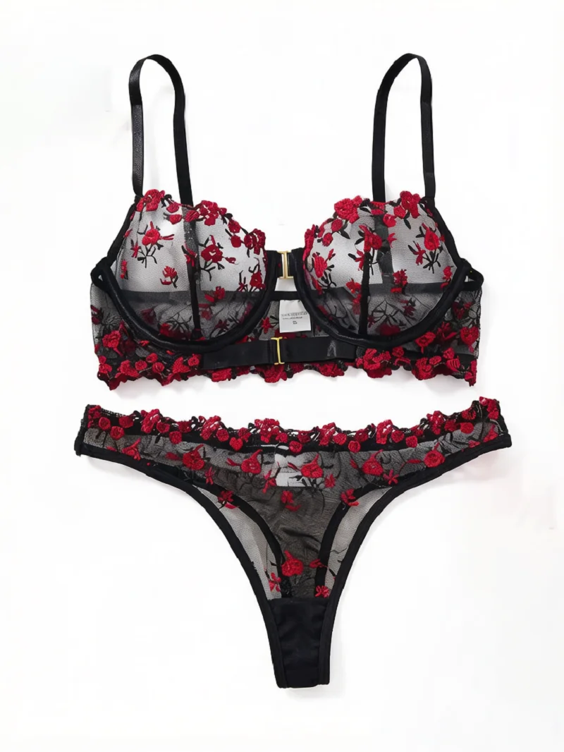 Women Embroidery Mesh Lingerie Set Sheer See Through Underwire Bra Panty Set Romantic Floral Transparent Intimate Lingerie