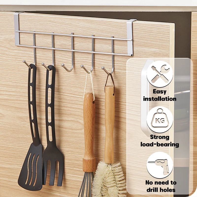 1/2pcs Stainless Steel 5-Hook Cabinet Hooks Rust-Resistant Storage Rack for Behind Doors Kitchens Cabinets and Bathrooms