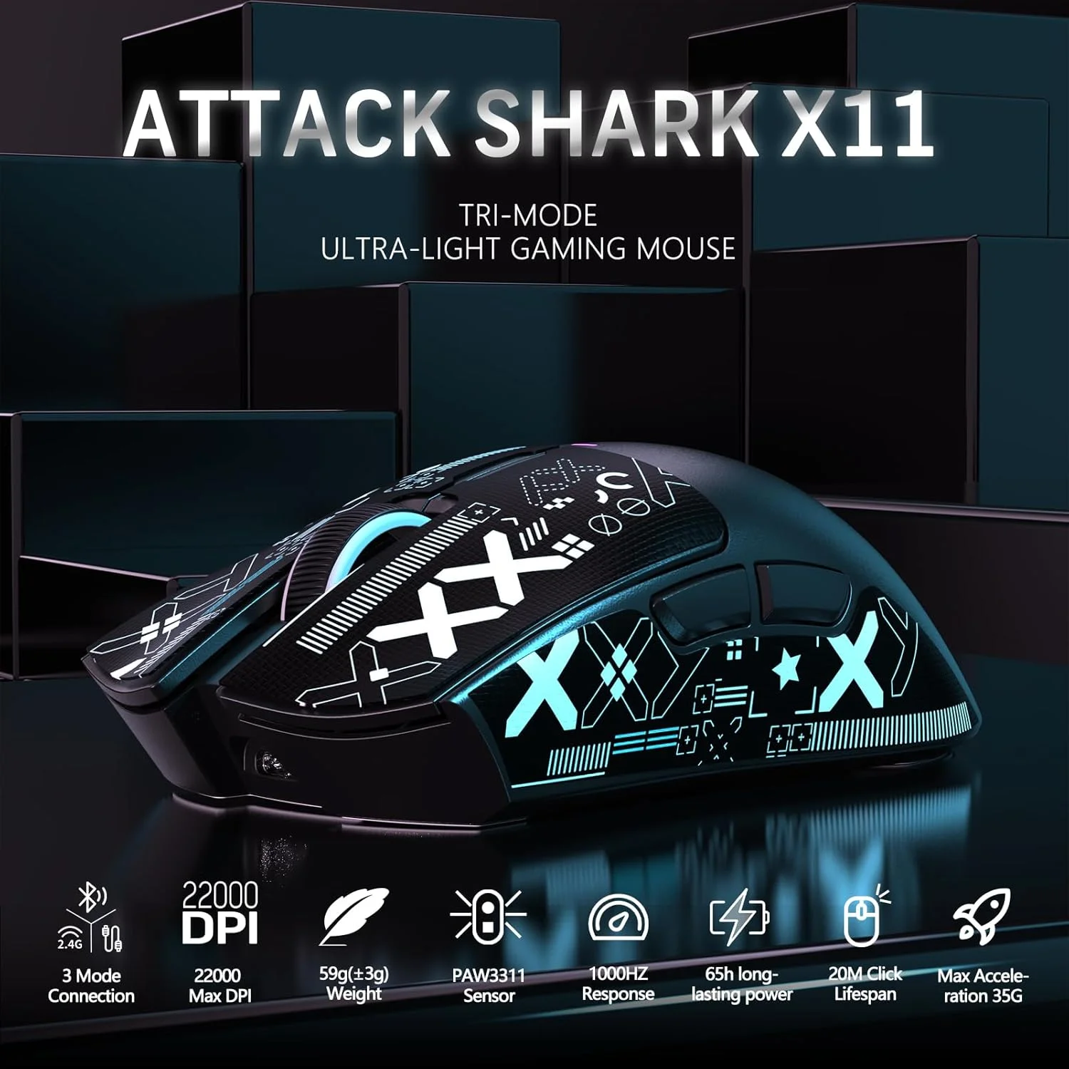 

Беспроводная игровая мышь ATTACK SHARK X11 с магнитной зарядной док-станцией RGB, проводная/2,4G/BT, 22K DPI, сверхлегкая трехрежимная лента 59 г