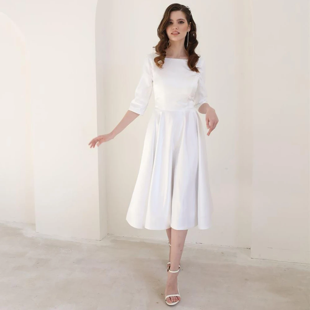 

Short Wedding Dress White Satin Scoop A Line Simple Wedding Gowns Midi 3/4 Sleeves Tea Length Bridal Dresses Robe de Mariée 2023