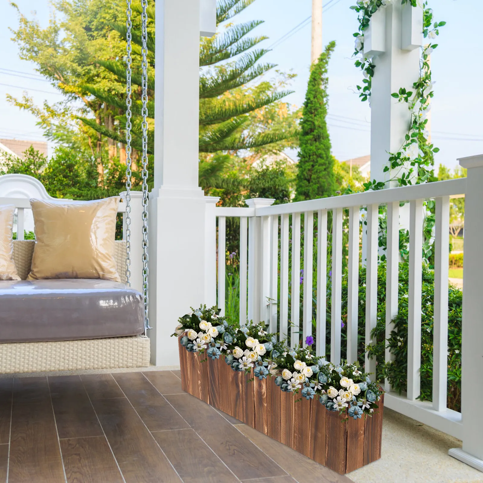 Wooden Rectangular Planter Box for Indoor Outdoor Balcony Window Garden Decor – Rustic Farmhouse Flower Pot